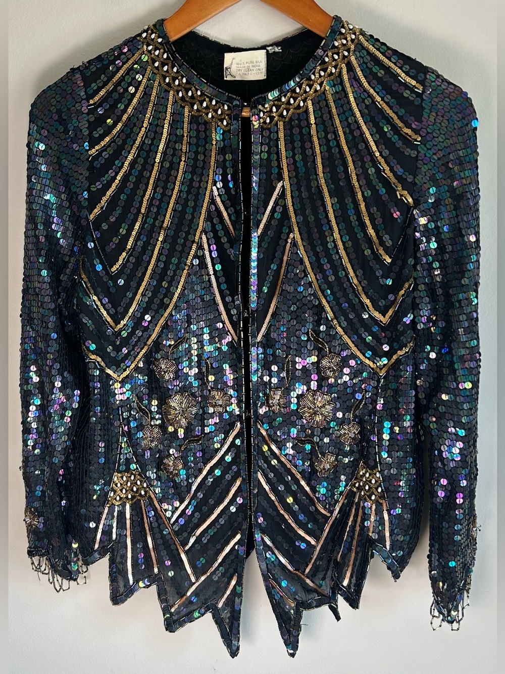 Vintage 1980s Black Sequin & Beaded Geometric Jacket Silk Disco Glam Peacock S/M